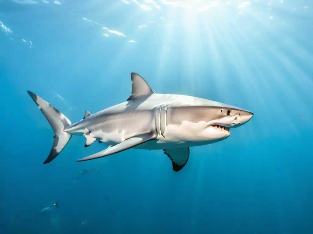 Un gran tiburón blanco nada majestuosamente en aguas cristalinas, rodeado de peces, capturando la belleza y poder de estos depredadores oceánicos