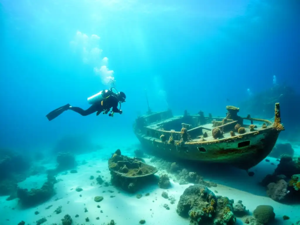 Grandes arqueólogos subacuáticos documentando un naufragio antiguo en un entorno marino tranquilo y detallado