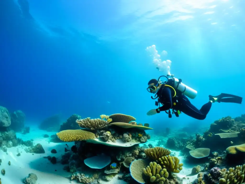 Grandes arqueólogos subacuáticos explorando tesoros históricos entre corales y vida marina en el bello fondo marino azul