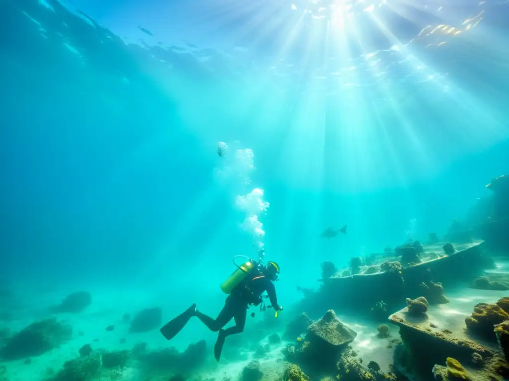 Grandes arqueólogos subacuáticos documentan tesoros en un naufragio, rodeados por aguas turquesas y vida marina vibrante