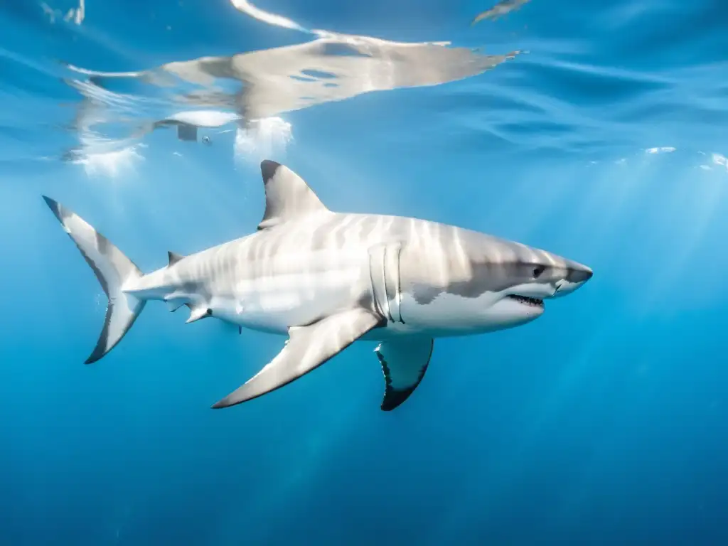 Dos Grandes Tiburones Blancos en un elegante baile de apareamiento en aguas cristalinas