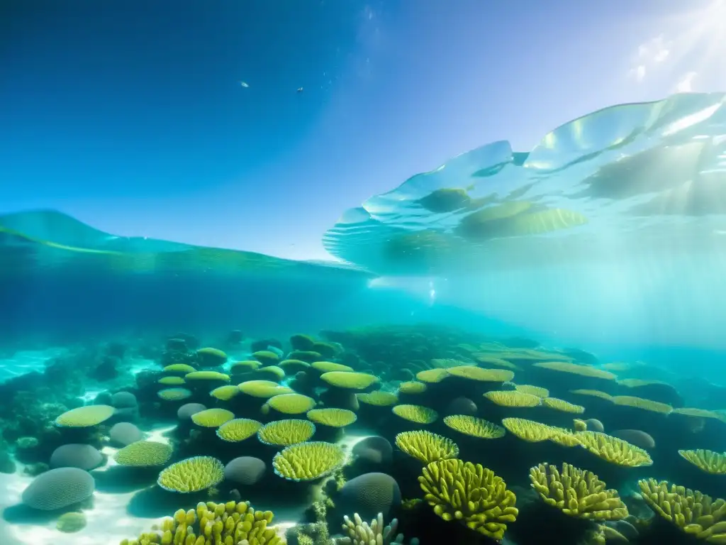 Una granja de acuicultura sostenible muestra un ecosistema marino vibrante y diverso, con peces y plantas cuidadosamente cultivados