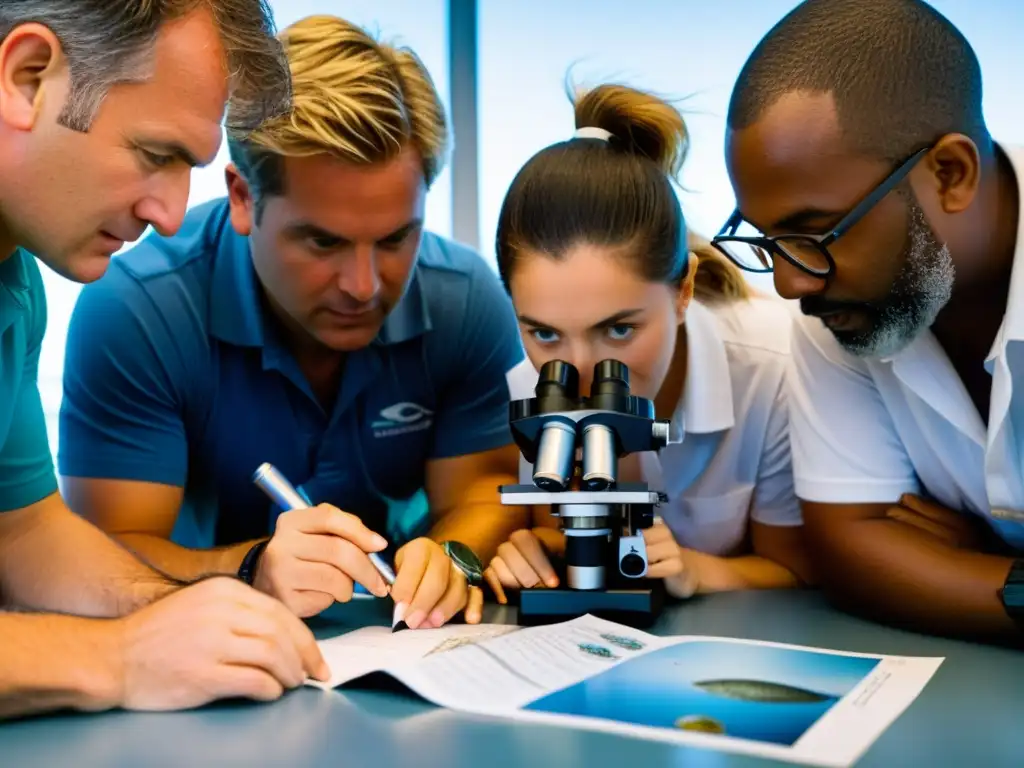 Grupo de aficionados examinando especímenes marinos bajo microscopio, con expresiones concentradas y equipo oceanográfico al fondo