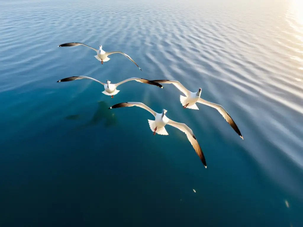 Un grupo de albatros planea con gracia sobre el vasto océano, sus alas proyectando sombras
