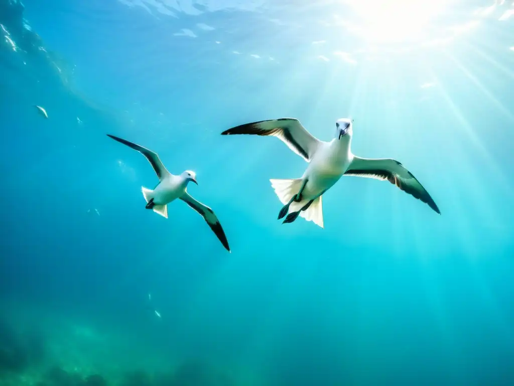 Grupo de albatros majestuosos surcando el agua turquesa, bajo la amenaza turbinas eólicas aves marinas