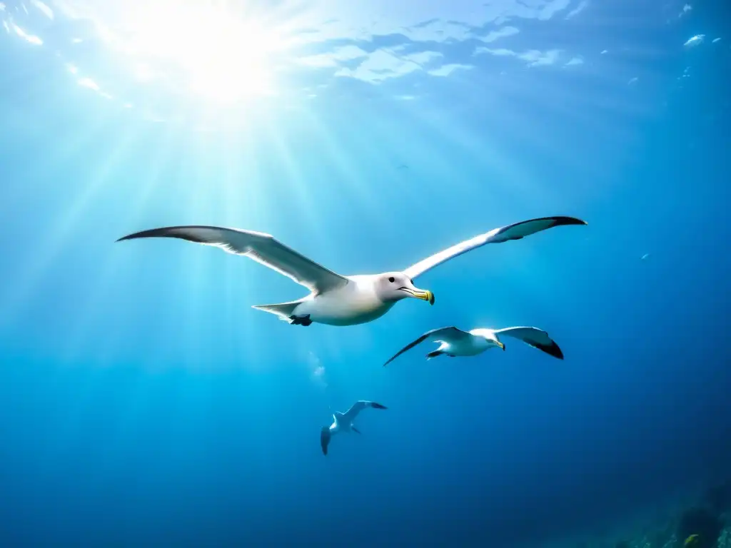 Un grupo de albatros marinos planea elegantemente sobre aguas cristalinas, destacando sus adaptaciones al cambio climático