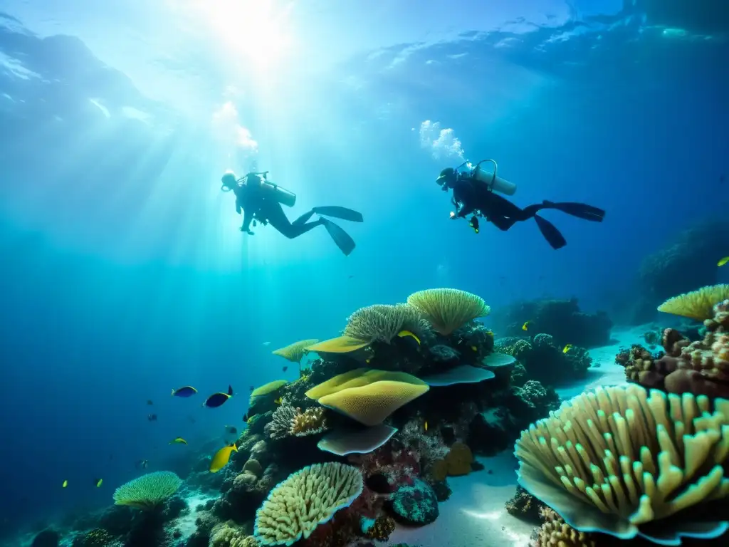 Un grupo de oceanógrafos aficionados explora un arrecife de coral, iluminado por la luz solar