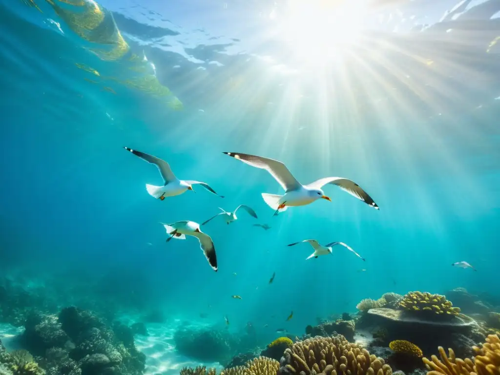 Un grupo de aves marinas planea sobre un arrecife de coral vibrante en aguas cristalinas, capturando la diversidad de hábitats costeros