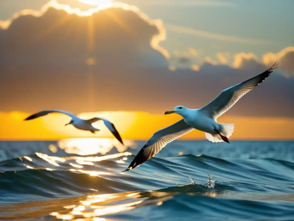 Un grupo de aves marinas, como albatros o gaviotas, planea grácilmente sobre el océano, con el sol dorado reflejándose en el agua