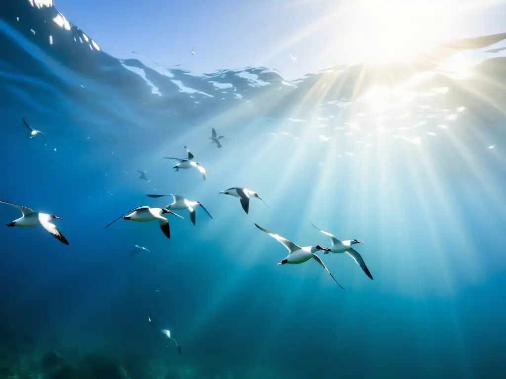 Un grupo de aves marinas y costeras surcando el océano con gracia y belleza, sus plumajes vibrantes contrastan con el azul profundo del mar