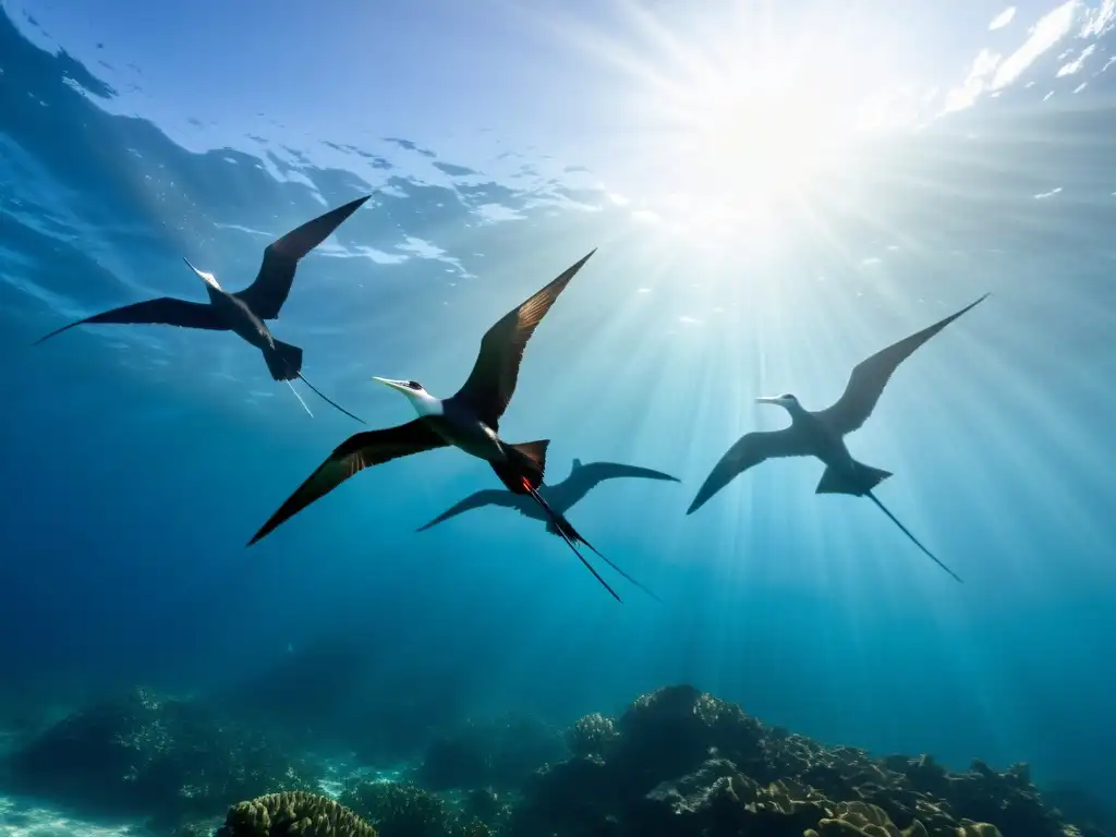 Grupo de aves marinas cruciales para la salud de los mares, planeando sobre aguas cristalinas y arrecifes de coral vibrantes