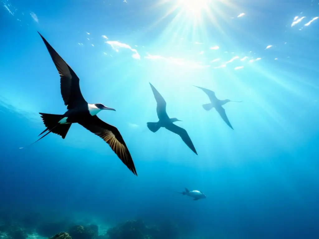 Grupo de aves marinas cruciales para la salud de los mares planeando elegantemente sobre el vibrante arrecife de coral en aguas cristalinas