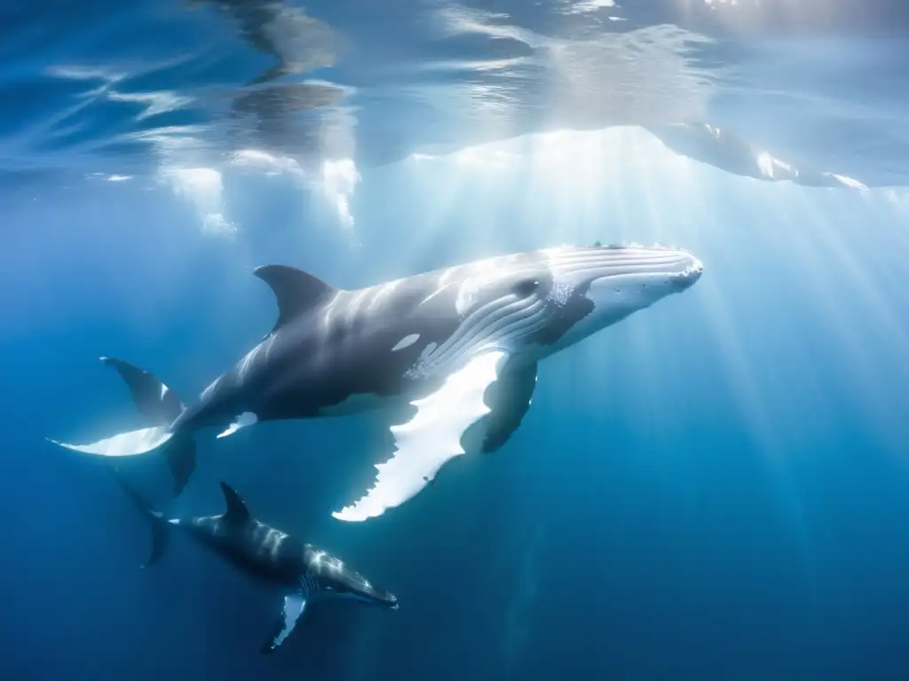 Grupo de ballenas jorobadas descansando en aguas cristalinas, capturando la serenidad de los periodos de descanso cetáceos oceánicos