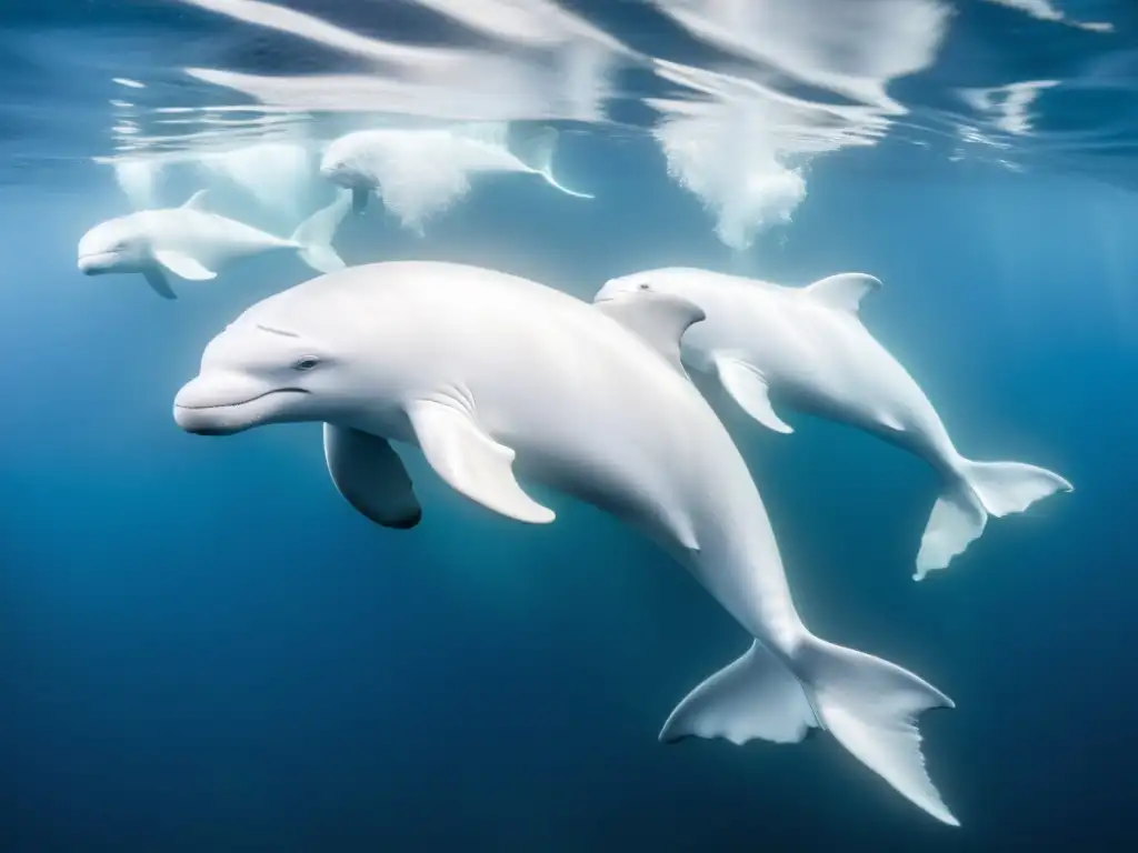 Un grupo de belugas plateadas nada en armonía bajo el agua helada del Ártico