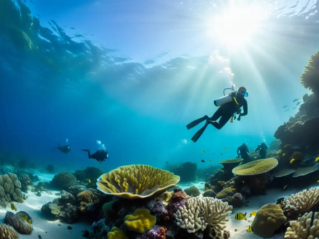 Un grupo de biólogos marinos con certificaciones de buceo documenta la vida marina en un vibrante arrecife de coral