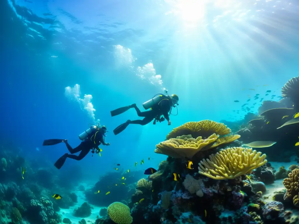 Un grupo de biólogos marinos con certificaciones de buceo explorando un vibrante arrecife de coral, rodeados de peces y vida marina