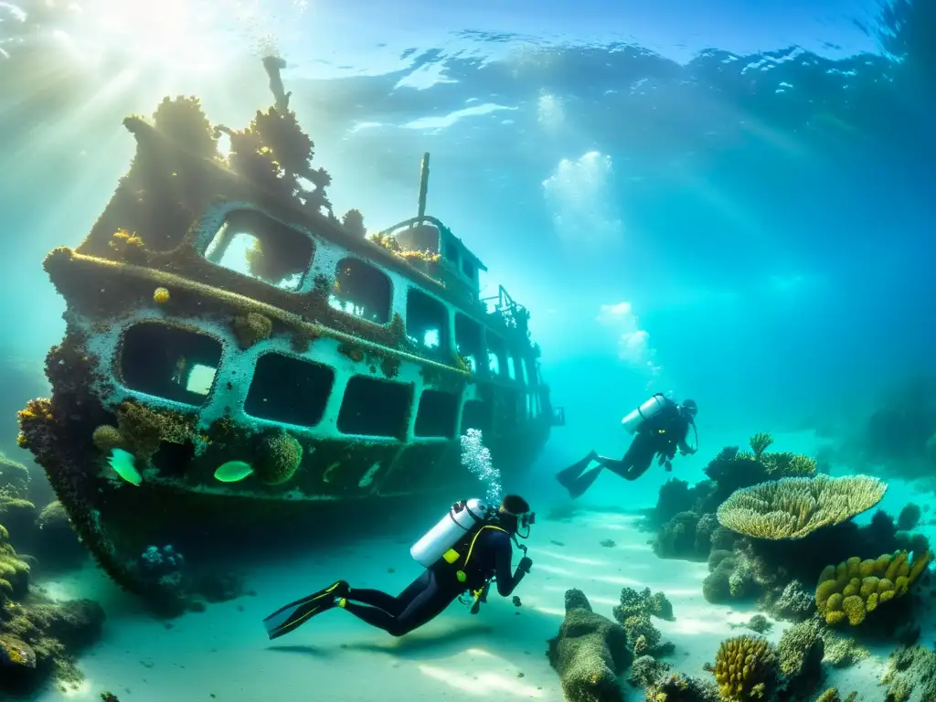 Un grupo de buceadoras explora un naufragio entre corales en un paisaje marino deslumbrante