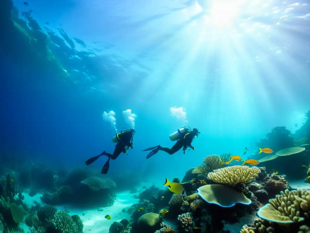 Un grupo de buceadoras explora un vibrante arrecife de coral, rodeadas de vida marina colorida