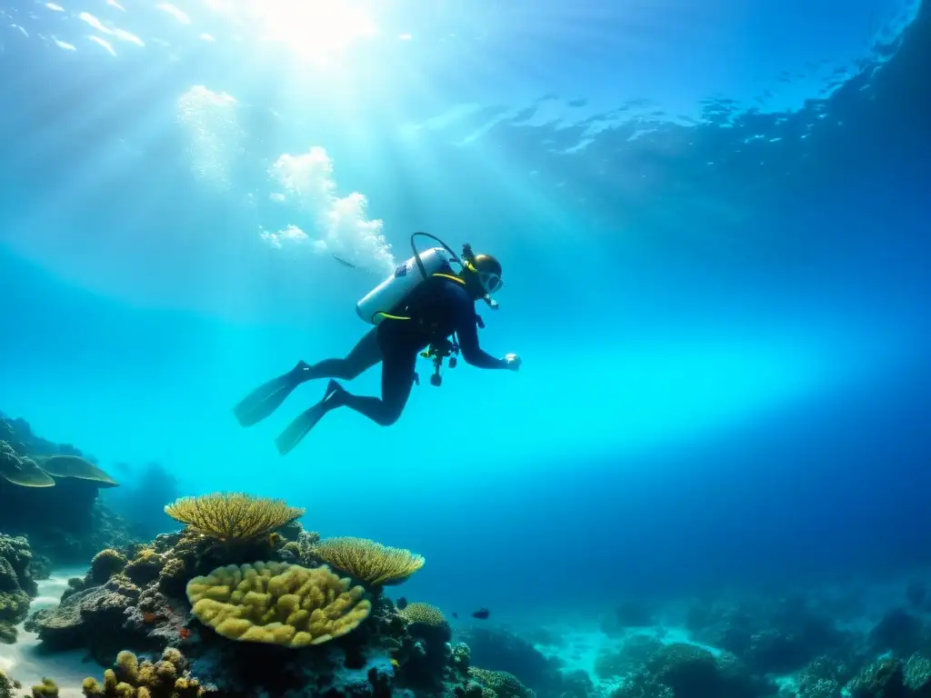 Grupo de buceadores atraviesan aguas cristalinas rodeados de arrecifes de coral y vida marina