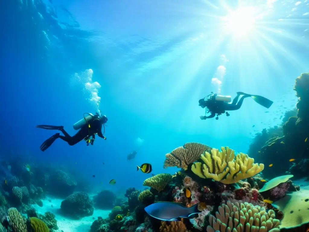 Un grupo de buceadores explora un arrecife de coral colorido, rodeado de vida marina