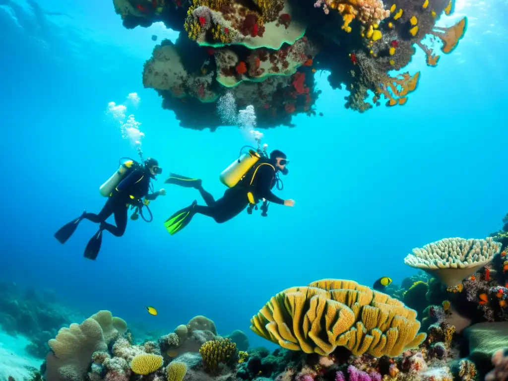 Grupo de buceadores disfrutando de un arrecife de coral colorido con equipo de buceo personalizado, mostrando la belleza y personalización del buceo