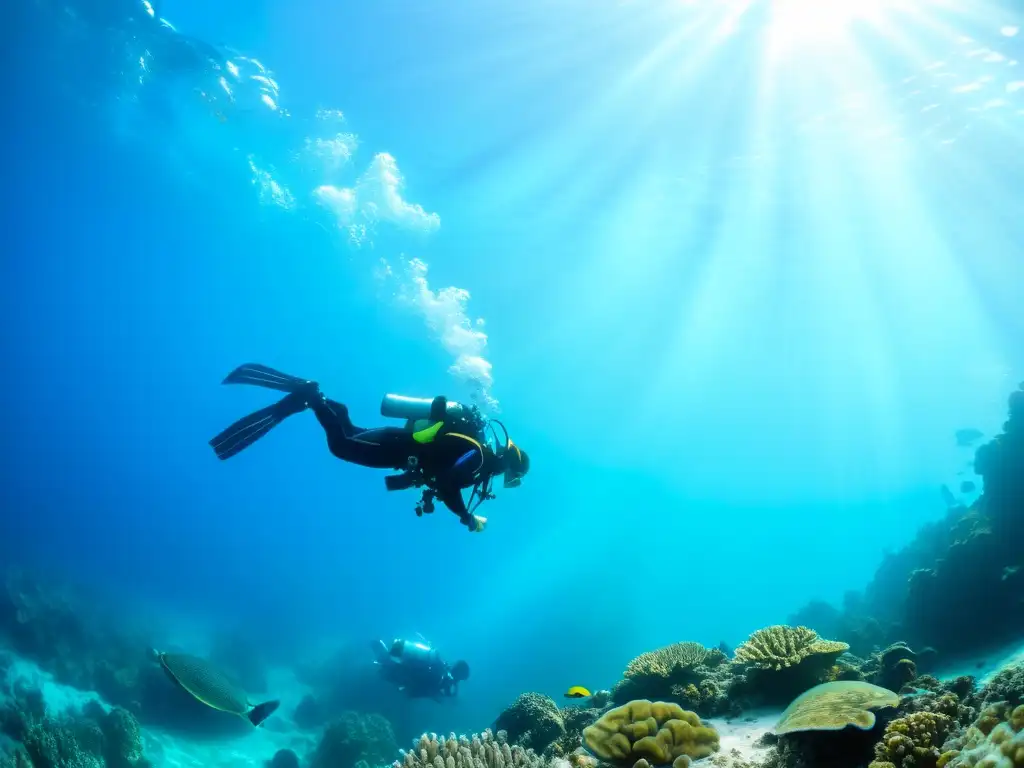 Un grupo de buceadores explorando un arrecife de coral, rodeados de vida marina colorida y una majestuosa tortuga marina