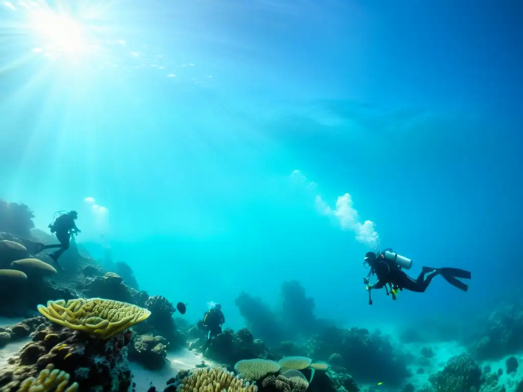 Grupo de buceadores explorando un arrecife de coral vibrante en aguas turquesas, demostrando preparación física buceo alto rendimiento