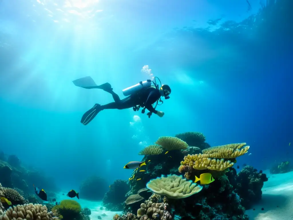 Grupo de buceadores explorando un arrecife de coral, rodeados de vida marina