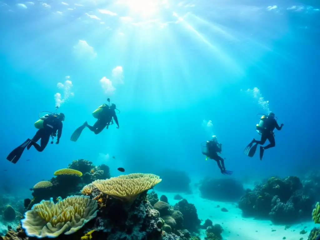 Un grupo de buceadores explora un arrecife de coral, con la luz del sol filtrándose a través del agua