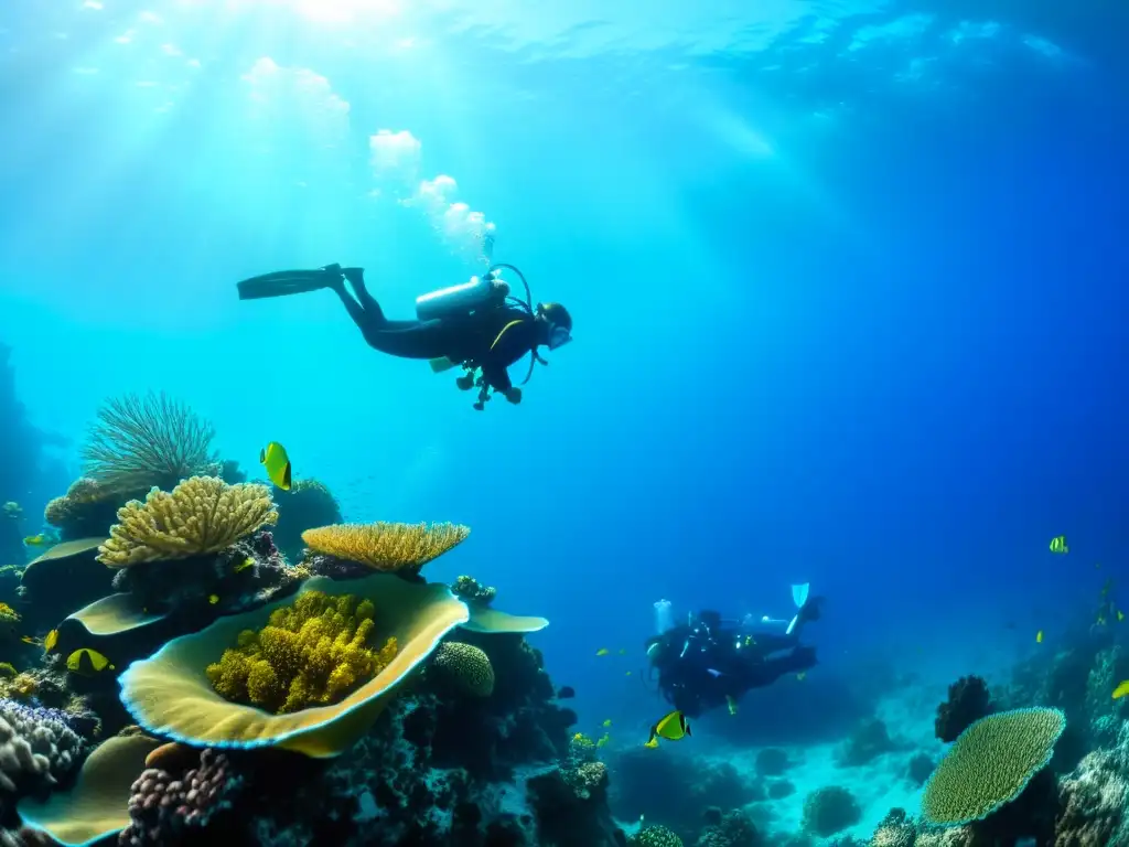 Grupo de buceadores explorando un arrecife de coral vibrante, rodeados de vida marina colorida y agua cristalina