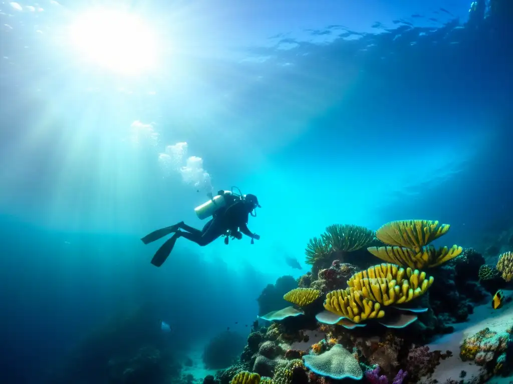 Un grupo de buceadores explora un arrecife de coral, iluminado por la luz solar