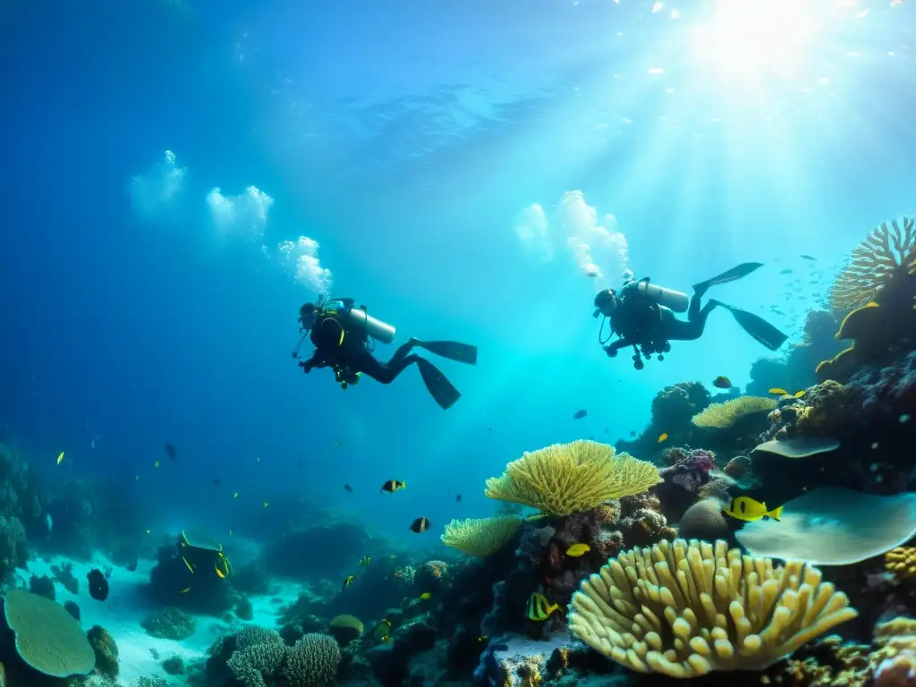 Grupo de buceadores explorando un arrecife de coral, rodeados de vida marina colorida y equipados con profesionalismo