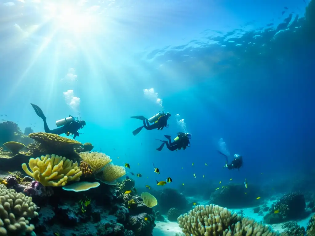 Grupo de buceadores explorando un arrecife de coral vibrante, rodeados de vida marina