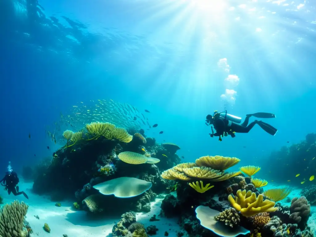 Un grupo de buceadores explora un arrecife de coral bajo el agua, con vida marina vibrante y patrones de luz filtrados