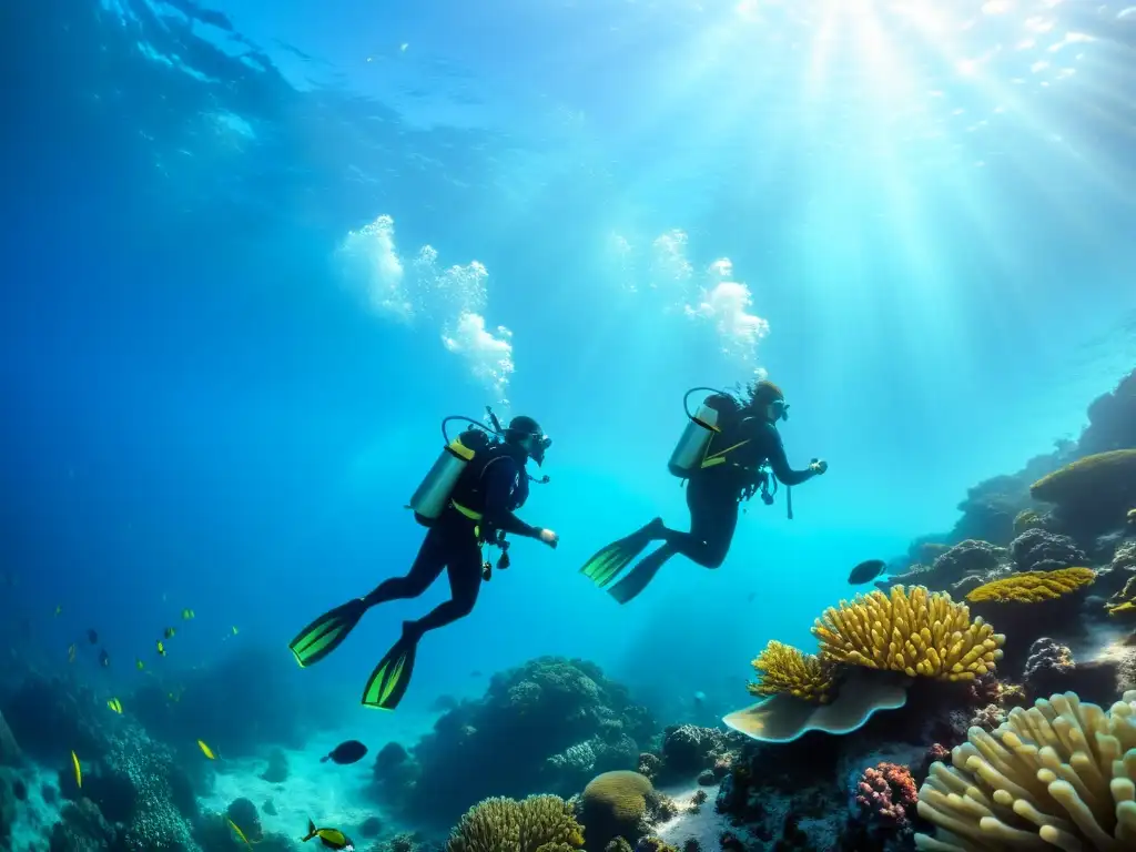 Grupo de buceadores explorando un arrecife de coral en aguas cristalinas, siguiendo consejos para prevenir mal descompresión