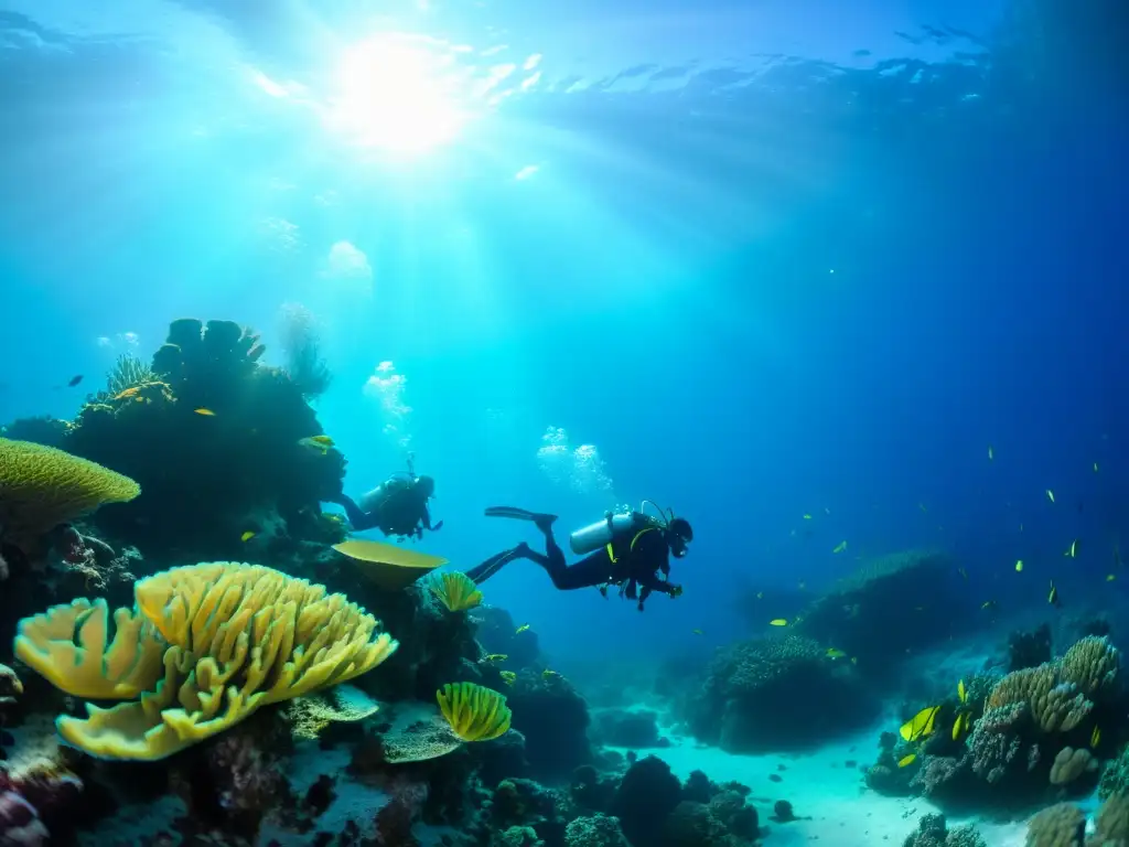 Grupo de buceadores explorando un arrecife de coral, con luz solar filtrándose a través del agua cristalina