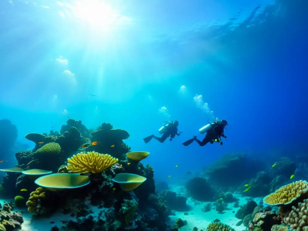 Grupo de buceadores explorando un arrecife de coral vibrante y diverso, resaltando la importancia de la prevención y manejo de riesgos en buceo