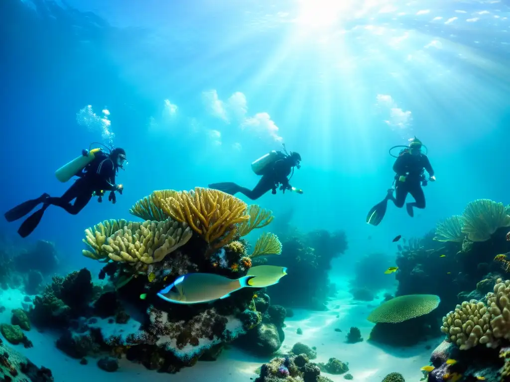 Grupo de buceadores explorando un arrecife de coral con diversidad de habilidades, exudando libertad y alegría