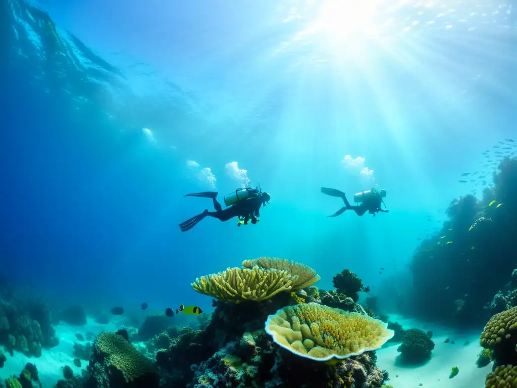 Un grupo de buceadores explora un arrecife de coral vibrante en altamar, mostrando la preparación y emoción de la certificación de buceo