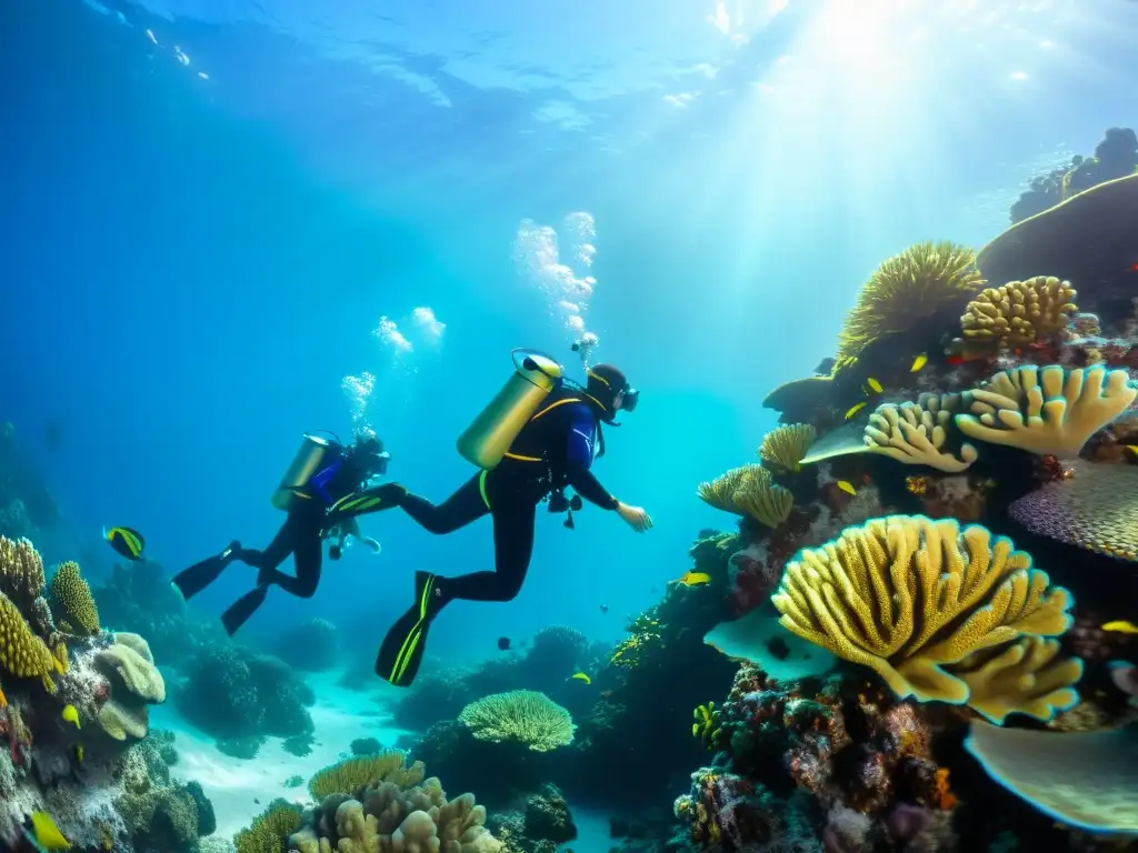 Un grupo de buceadores explorando un arrecife de coral con trajes de buceo anti UV para protección