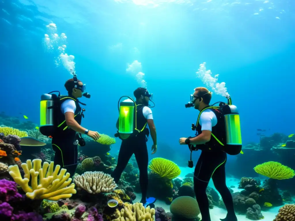 Grupo de buceadores explorando un arrecife de coral con chalecos hidrostáticos de última tecnología, en un entorno submarino vibrante y colorido