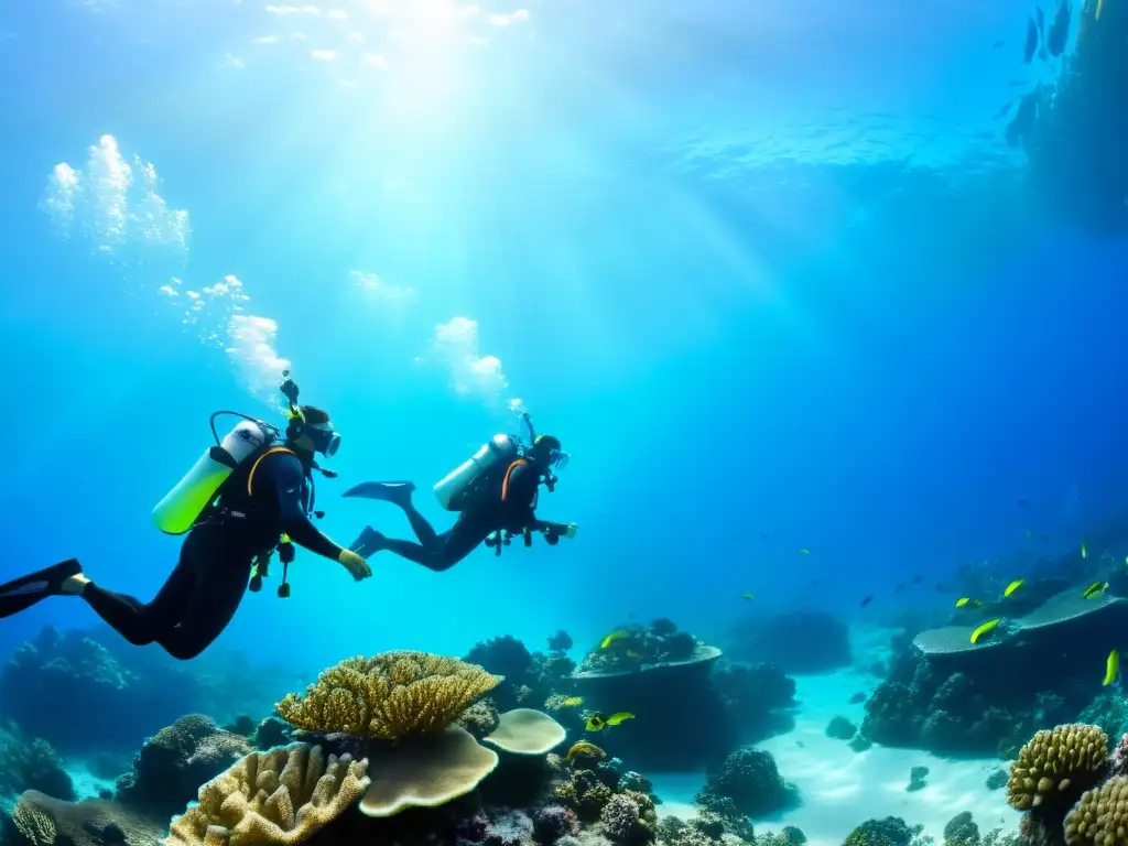 Un grupo de buceadores explora un arrecife de coral con monitores de salud para buceadores, en un escenario submarino impresionante