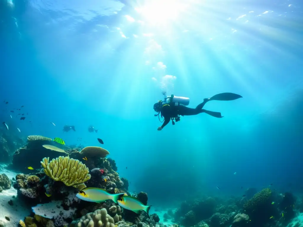 Un grupo de buceadores explora un arrecife de coral vibrante mientras peces de colores nadan a su alrededor