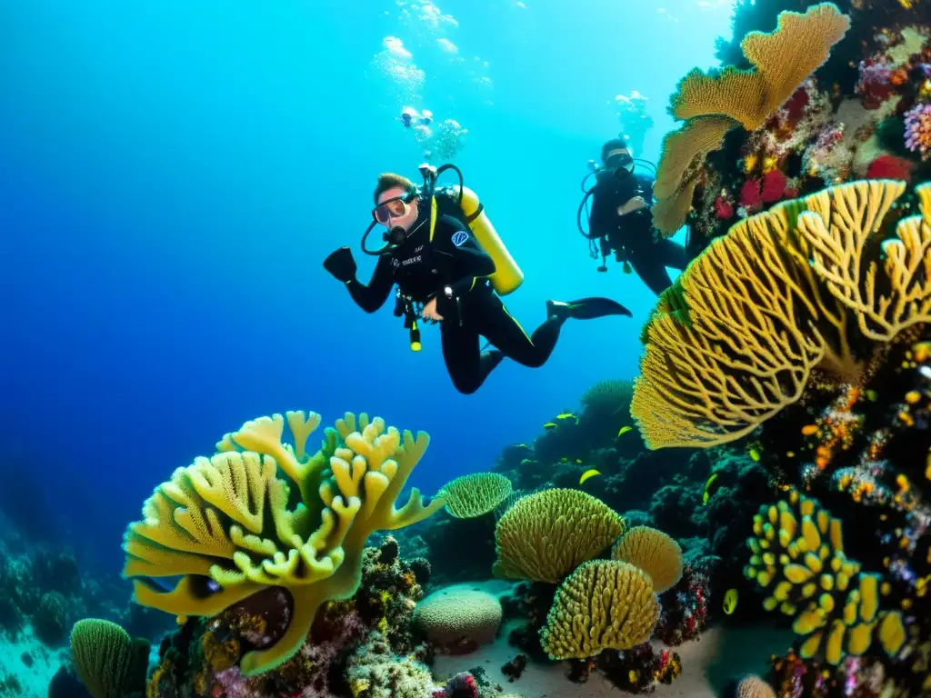 Grupo de buceadores explorando un arrecife de coral, destacando un detallado chaleco compensador