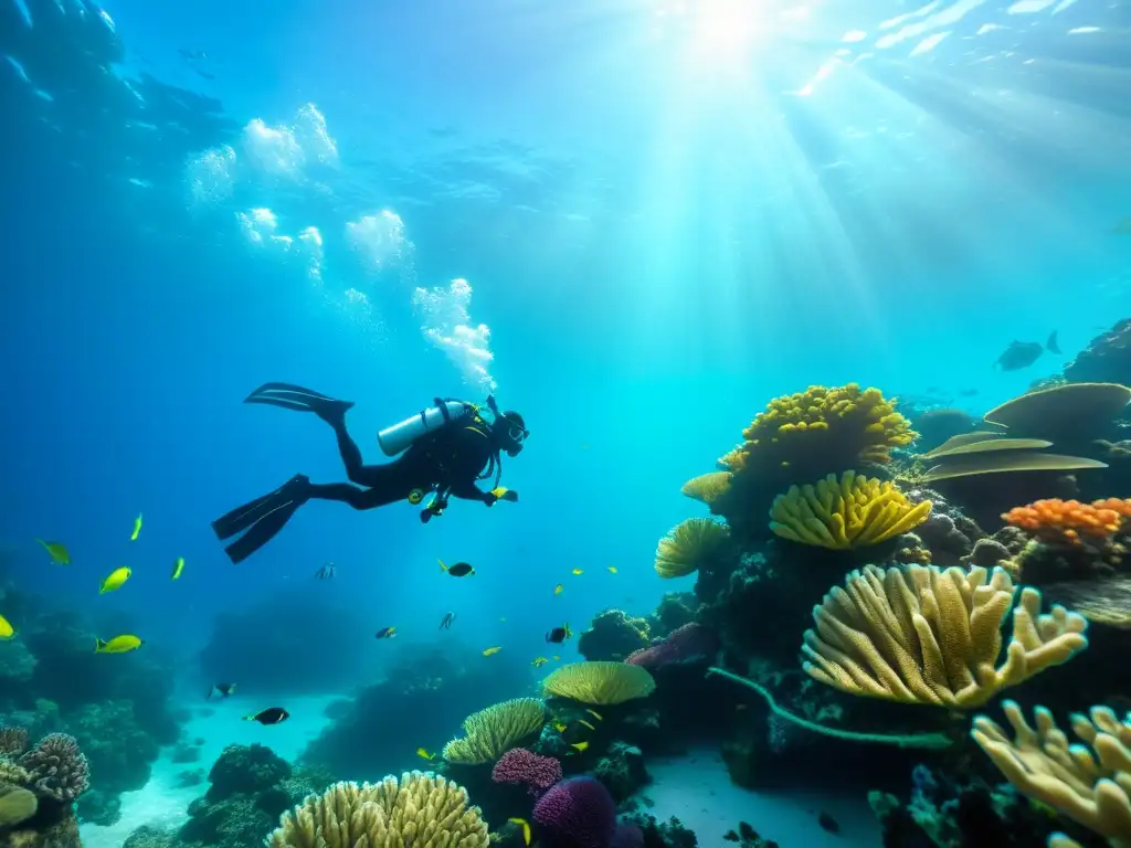 Un grupo de buceadores explorando un arrecife de coral vibrante con realidad aumentada en instrucción de buceo