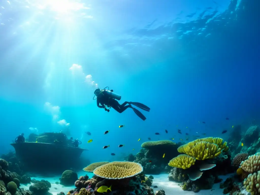 Un grupo de buceadores explora un arrecife de coral vibrante con peces coloridos y vida marina