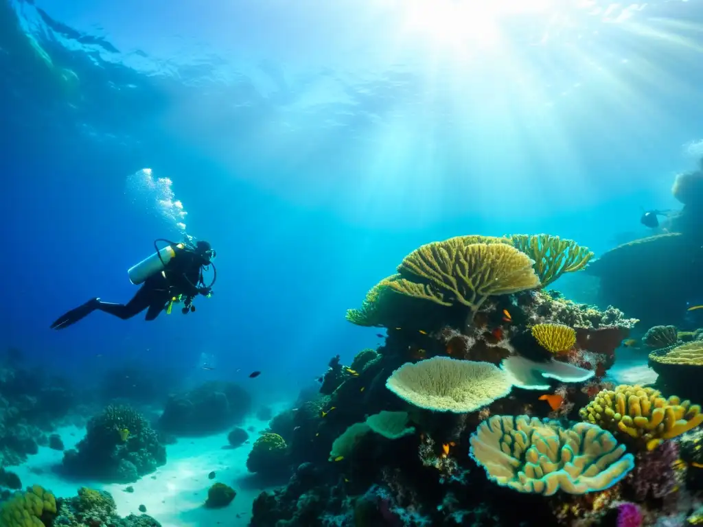 Un grupo de buceadores explora un arrecife de coral vibrante, iluminado por los rayos de sol bajo el agua