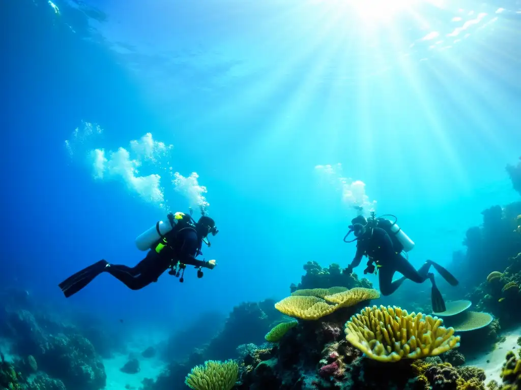 Grupo de buceadores explorando un arrecife de coral vibrante, con la luz del sol filtrándose a través del agua azul, iluminando la vida marina