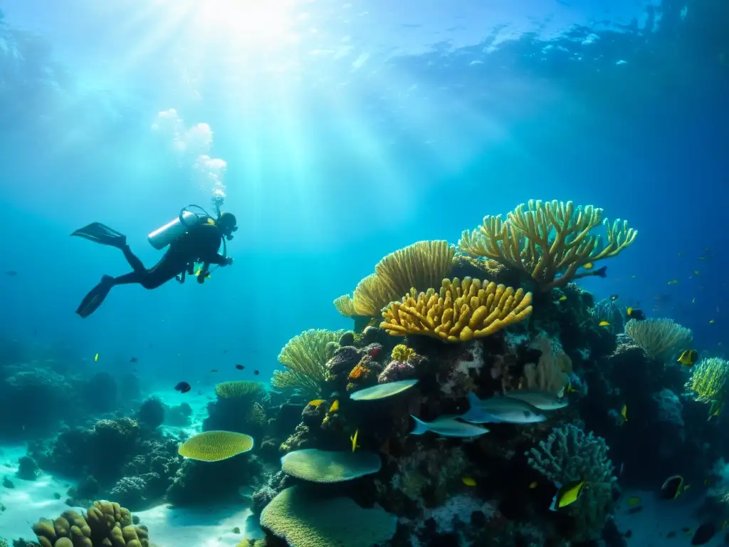 Un grupo de buceadores explora un arrecife de coral vibrante, con luz solar filtrándose a través del agua