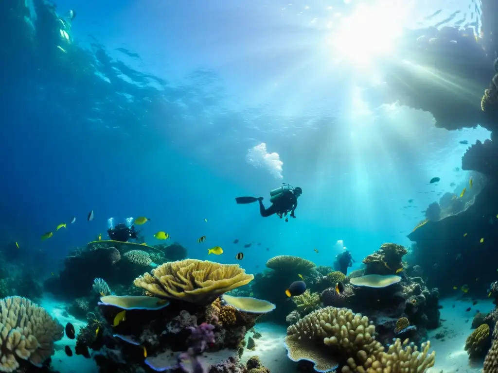 Grupo de buceadores explorando un arrecife de coral vibrante bajo el agua, con vida marina colorida